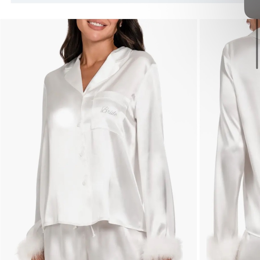Feather trimmed silk bride pajamas